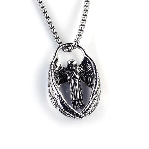 Retro Angel Wings Stainless Steel Pendant Necklace Hip Hop Punk Gothic Cross Wolf Head Lion King Jewelry For Men Women
