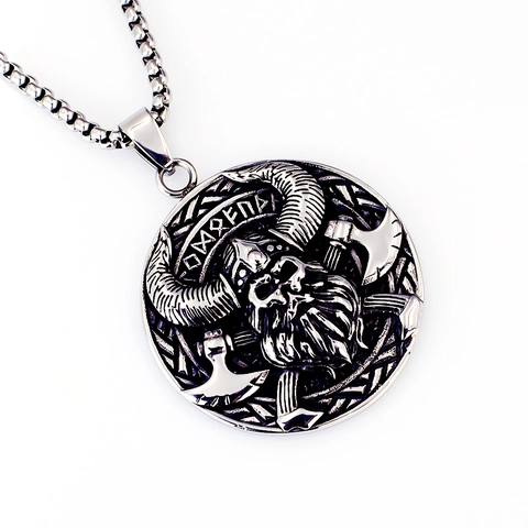 Collar de Colgante Vikingo de Acero Inoxidable Hombre Retro Mitología Nórdica Runa Guerrero Calavera Hacha Águila Dragón Punk Joyería Regalo