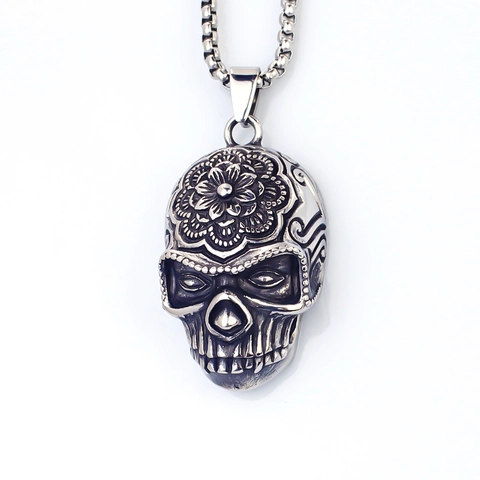 Vintage Stainless Steel Skull Pendant Necklace For Men Gothic Punk Mandala Flower Carved Eagle Dragon Heart Snake Axe Biker Jewelry