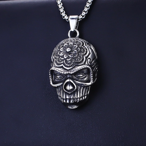 Vintage Stainless Steel Skull Pendant Necklace For Men Gothic Punk Mandala Flower Carved Eagle Dragon Heart Snake Axe Biker Jewelry