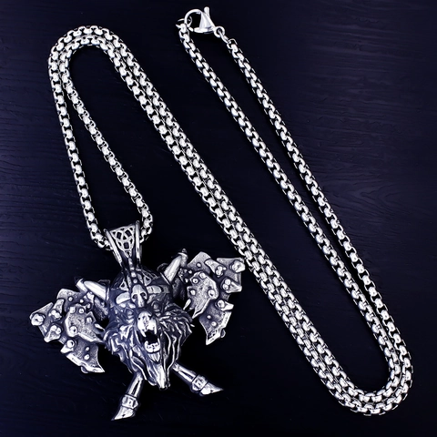 Vintage Viking Wolf Head Axe Pendant Necklace Stainless Steel Antique Silver Nordic Odin Armor Necklace For Men Punk Jewelry