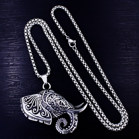 Vintage Stainless Steel Elephant Skull Dragon Pendant Necklace Punk Gothic Ethnic Jewelry For Men Women Unisex Gift