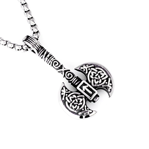 Retro Viking Rune Axe Pendant Necklace For Men Women Stainless Steel Celtic Knot Skeleton Axe Wolf Double Sided Axe Jewelry Antique Silver Necklace