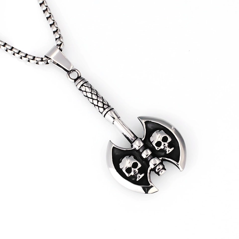 Vintage Punk Skull Axe Pendant Necklace Stainless Steel Box Chain Distressed Gothic Hip Hop Jewelry For Men Party Accessory