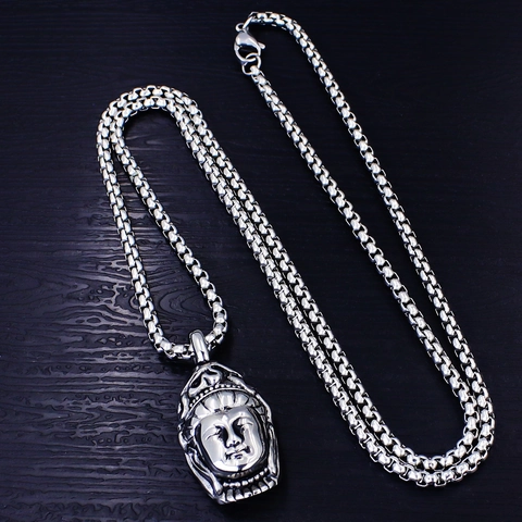 Vintage Stainless Steel Buddha Pendant Necklace For Men Women Punk Gothic Dragon Skull Animal Relief Jewelry Distressed Silver Necklace Gift