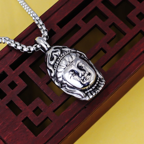 Vintage Alloy Buddha Head Pendant Necklace With Stainless Steel Box Chain Punk Gothic Style Jewelry For Men Women Daily Gift