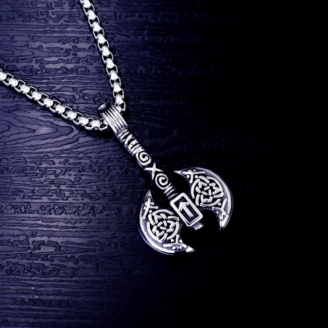 Retro Viking Rune Axe Pendant Necklace For Men Women Stainless Steel Celtic Knot Skeleton Axe Wolf Double Sided Axe Jewelry Antique Silver Necklace