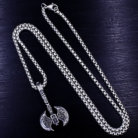 Vintage Viking Axe Skull Pendant Necklace For Men Stainless Steel Chain Alloy Gothic Norse Runes Celtic Knot Punk Jewelry Gift
