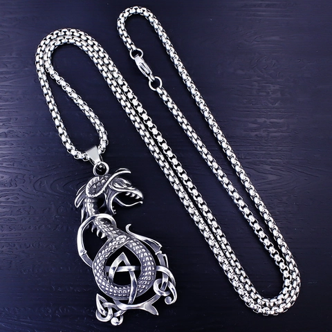 Vintage Stainless Steel Viking Dragon Pendant Necklace For Men Gothic Punk Celtic Knot Dragon Head Necklace Jewelry Gift