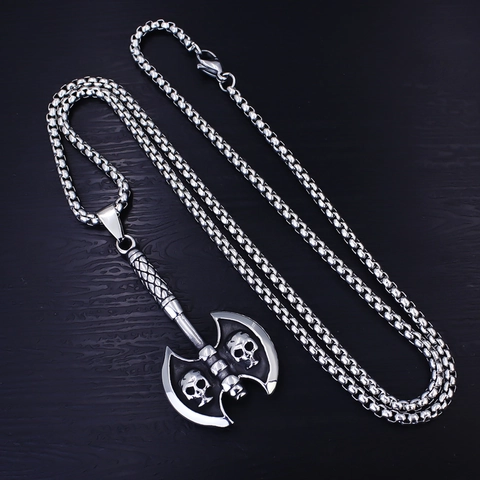 Vintage Stainless Steel Skull Double Edged Axe Pendant Necklace Gothic Punk Hip Hop Men Jewelry Fashion Carved Accessory