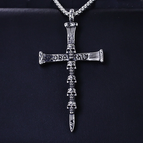Gothic Stainless Steel Skull Cross Pendant Necklace For Men Vintage Punk Rock Streetwear Jewelry Antique Silver Distressed Biker Charm Necklace