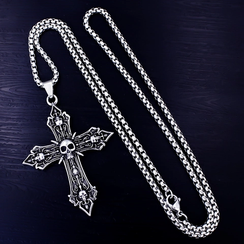 Vintage Stainless Steel Gothic Skull Cross Pendant Necklace For Men Women Antique Silver Punk Biker Jewelry Retro Animal Charm Necklace