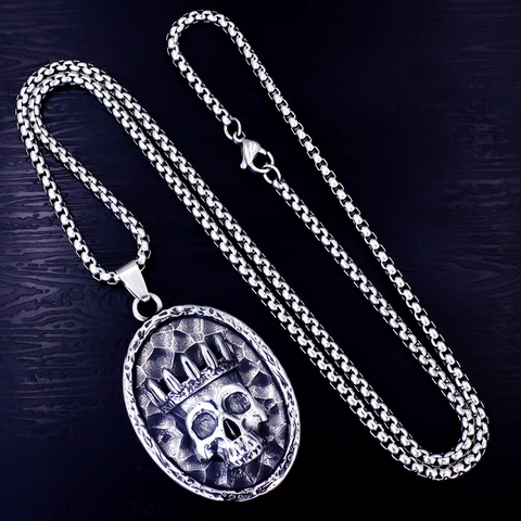 Retro Stainless Steel Alloy Skull Crown Pendant Necklace For Men Gothic Punk Rock Hip Hop Antique Silver Jewelry Gift