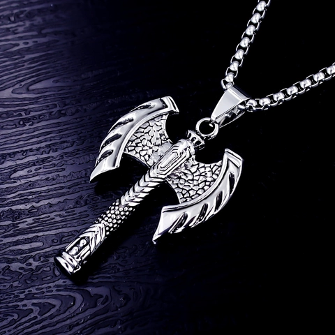 Collar de Colgante de Hacha de Batalla Vikinga de Acero Inoxidable Hombre Gótico Animal Cráneo León Cabeza de Lobo Joyas