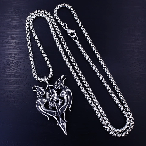 Vintage Viking Pendant Necklace Nordic Raven Dragon Skull Sword Alloy Pendant Stainless Steel Box Chain Gothic Jewelry