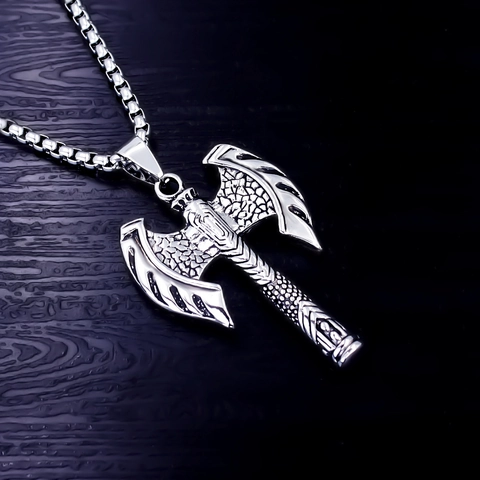 Collar de Colgante de Hacha de Batalla Vikinga de Acero Inoxidable Hombre Gótico Animal Cráneo León Cabeza de Lobo Joyas
