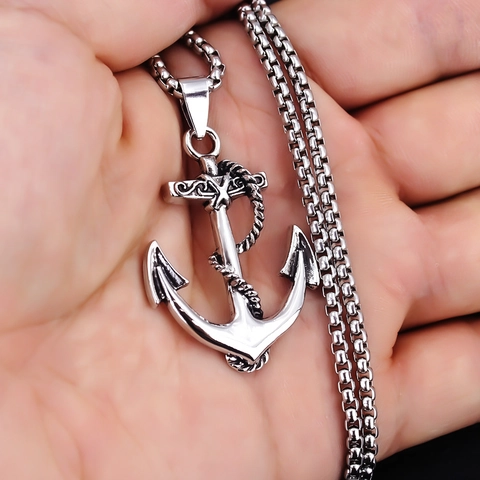 Vintage Stainless Steel Anchor Pendant Necklace For Men Women Punk Gothic Nautical Animal Dragon Lion Head Cross Box Chain Jewelry