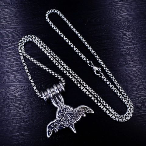 Collier Pendentif Marteau de Thor Viking en Acier Inoxydable Argent Antique pour Hommes Bijoux Nordiques Nœud Celtique Corbeau