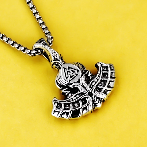 Norse Viking Thor's Hammer Axe Pendant Necklace For Men Vintage Stainless Steel Valknut Totem Box Chain Jewelry Gift