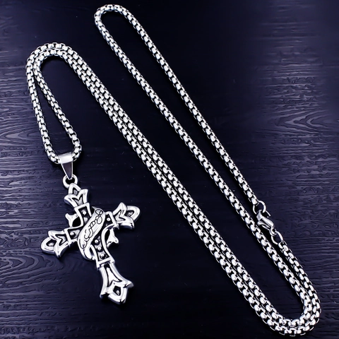 Vintage Roestvrij Stalen Kruis Hanger Halsketting Voor Heren Gothic Punk Hip Hop Wolf Leeuw Adelaarskop Sieraden Retro Zilver Dier Hanger Box Ketting Halsketting