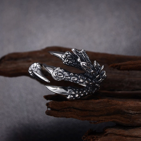 Vintage Gothic Dragon Claw Open Ring For Men Punk Adjustable Retro Silver Eagle Tiger Snake Animal Finger Jewelry