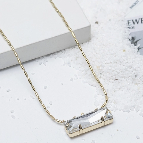 Rectangle Transparent Glass Pendant Necklace For Women Fashion Gold Plated Tube Chain Rhinestone Inlaid Clavicle Jewelry