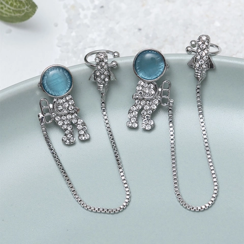 Kreativ Astronaut Integrierte Ohrstecker Kette Ohrknochen Clip Legierung Strass Blau Kunststein Ohrringe Für Damen