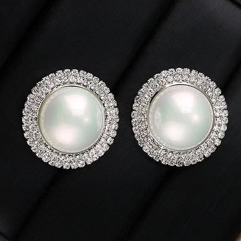 Elegante Vintage Grote Ronde Kunstparel Oorknopjes Voor Dames Zilverlegering Strass Halo Mode Sieraden Cadeau