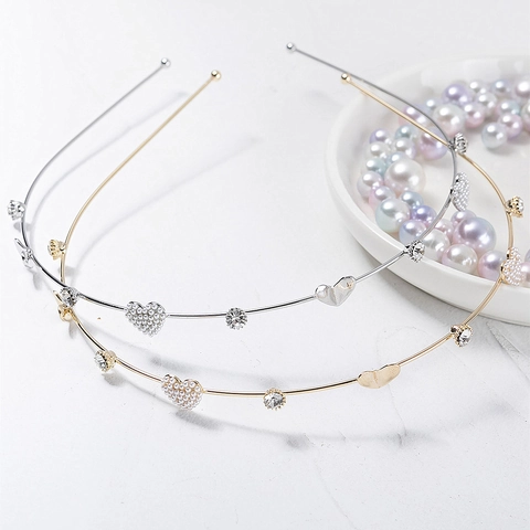 Sweet Metal Headband Artificial Pearl Heart Rhinestone Alloy Thin Hair Band Women Daily Fashion Jewelry Hair Accessories