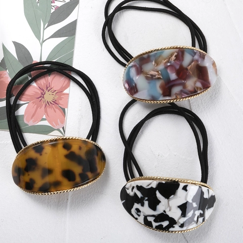 Vintage Acetate Marble Pattern Oval Hair Tie With Metal Edge Elastic Hair Rope For Women Elegant Hair Accessories