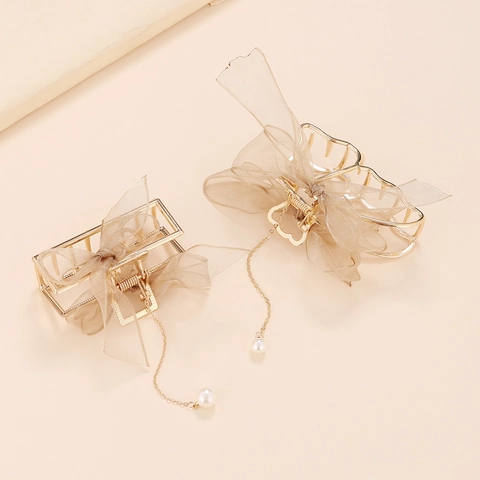 Pinza per Capelli a Farfalla in Lega Stile Coreano Con Fiocco in Rete e Nappina di Perla Artificial Accessori Capelli Eleganti Donna