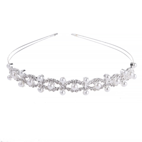 Elegant Silver Alloy Rhinestone Artificial Pearl Crown Headband For Bride Wedding Party Princess Style Heart Hair Band Women Accessory