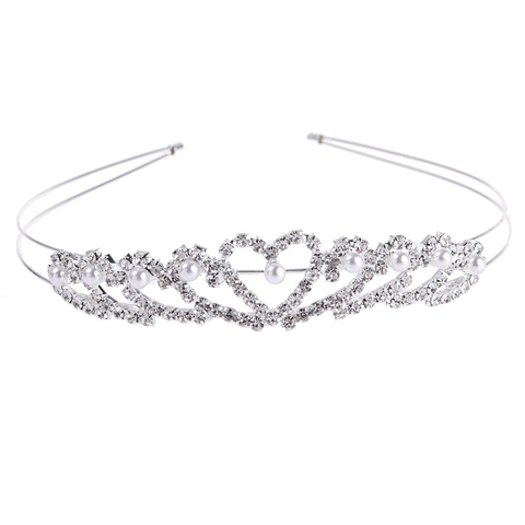 Elegant Silver Alloy Rhinestone Artificial Pearl Crown Headband For Bride Wedding Party Princess Style Heart Hair Band Women Accessory
