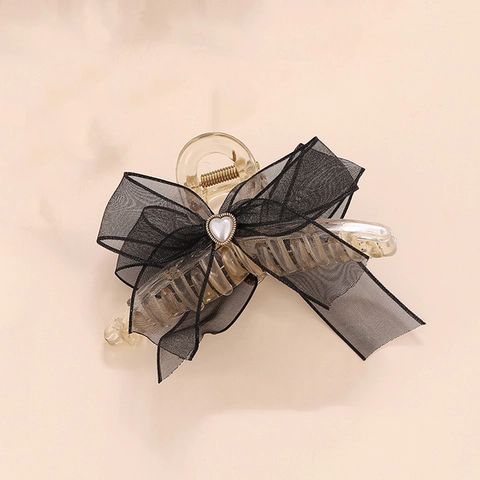 Elegante Pinza per Capelli con Fiocco in Nastro per Donna Clip a Squalo Grande in Rete di Organza con Perla Artificiale