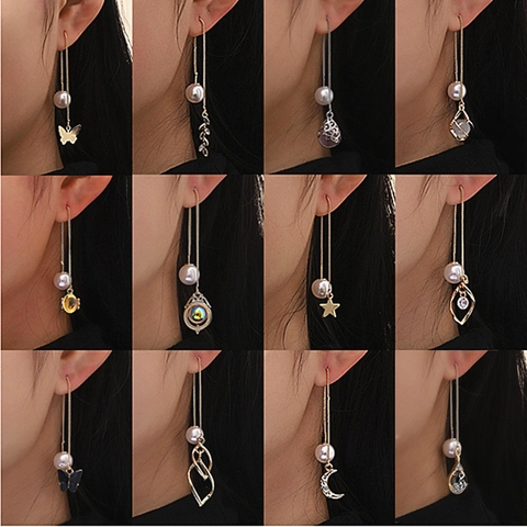 Alloy Artificial Pearl Long Threader Earrings For Women Elegant Rhinestone Butterfly Star Leaf Geometric Dangle Jewelry Gift