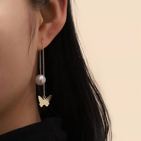 Alloy Artificial Pearl Long Threader Earrings For Women Elegant Rhinestone Butterfly Star Leaf Geometric Dangle Jewelry Gift