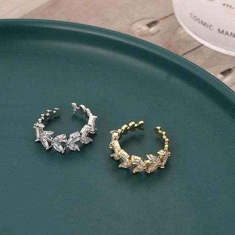 Mode Kupfer Blatt Form Offener Ring Für Damen Verstellbar Strass Eingelegt Pflanze Rebe Fingerring Schmuck Geschenk