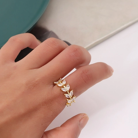 Mode Kupfer Blatt Form Offener Ring Für Damen Verstellbar Strass Eingelegt Pflanze Rebe Fingerring Schmuck Geschenk