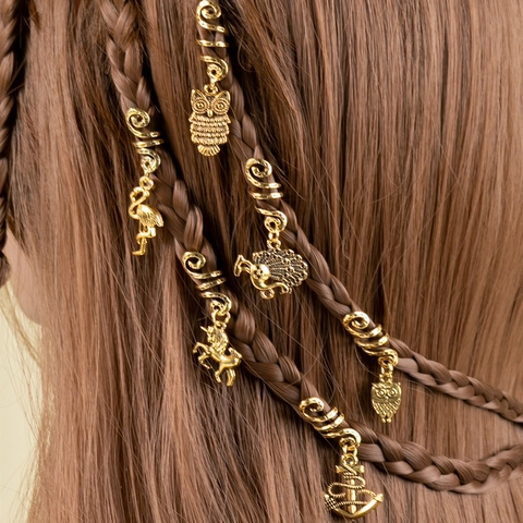 Retro Gold Legierung Spirale Haar Charms Eule Flamingo Einhorn Anker Und Pfau Zopf Ringe Dreadlock Zubehör Für Damen