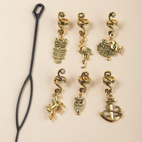 Retro Gold Legierung Spirale Haar Charms Eule Flamingo Einhorn Anker Und Pfau Zopf Ringe Dreadlock Zubehör Für Damen