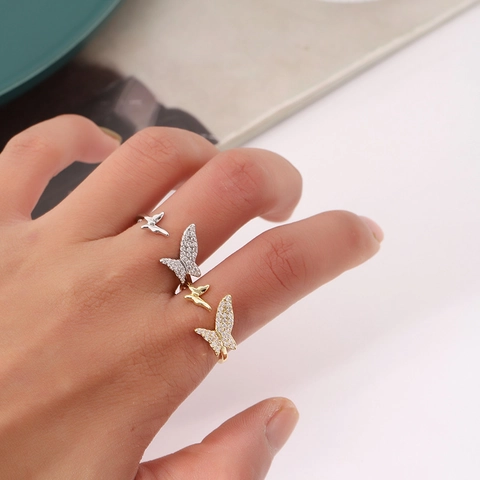 Elegant Butterfly Copper Open Ring For Women Adjustable Fashion Rhinestone Inlaid Gold Silver Jewelry Finger Ring Accessory
