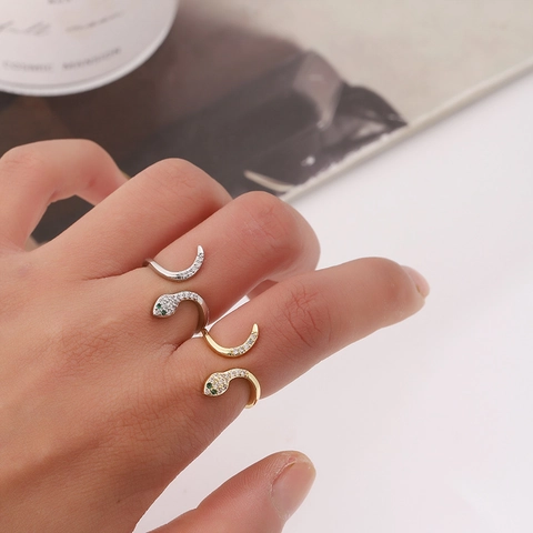 Mode Kupfer Schlangenring Für Damen Glänzender Zirkonia Verstellbarer Offener Wickelfingerring Gold Silber Plattierter Schmuck