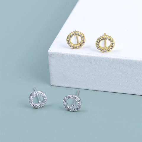 Orecchini a Bottone Geometrici Tondi Con Perno in Argento Sterling 925 Micro Intarsiato Zirconia Gioielli per Donna