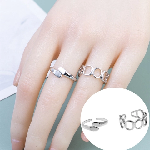 Minimalist Silver Plated Copper Open Ring Geometric Hollow Chain Adjustable Finger Ring For Women Daily Simple Jewelry