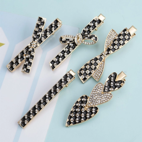 Pince à Cheveux Damier en Alliage d'Or Vintage avec Strass pour Femmes Pince Bec de Canard Cœur Nœud Accessoires de Coiffure