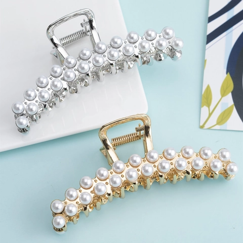 Elegante Molletta per Capelli in Metallo Con Doppia Fila di Künstliche Perle Sintetiche Accessori per Capelli Donna Fermaglio a Granchio Semplice