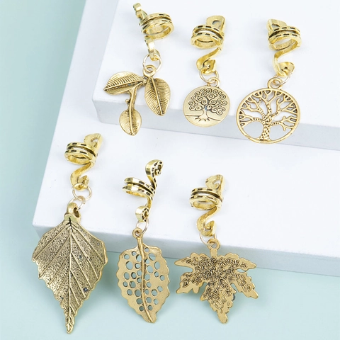 Ethno-Stil Blatt Lebensbaum Anhänger Haarringe Goldene Spiral Haarklammern Dreadlock Zubehör Für Damen