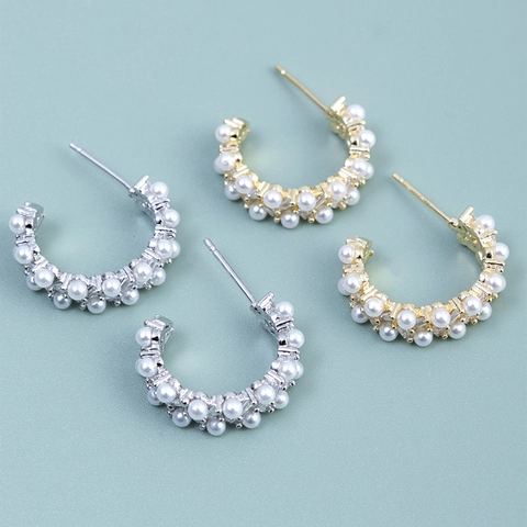 Elegante Geometrische C-Förmige Legierung Ohrringe Mit Künstlichen Perlen Strass Eingelegt 925 Sterlingsilber Stift Für Damen