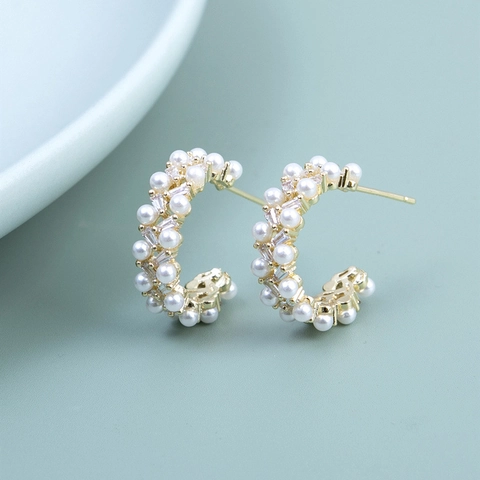 Elegante Geometrische C-Förmige Legierung Ohrringe Mit Künstlichen Perlen Strass Eingelegt 925 Sterlingsilber Stift Für Damen