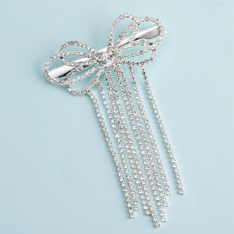 Luxuriöse Silber Legierung Schleife Strass Quaste Haarspange Süße Elegante Fransen Entenschnabel Clip Für Hochzeit Party Damen